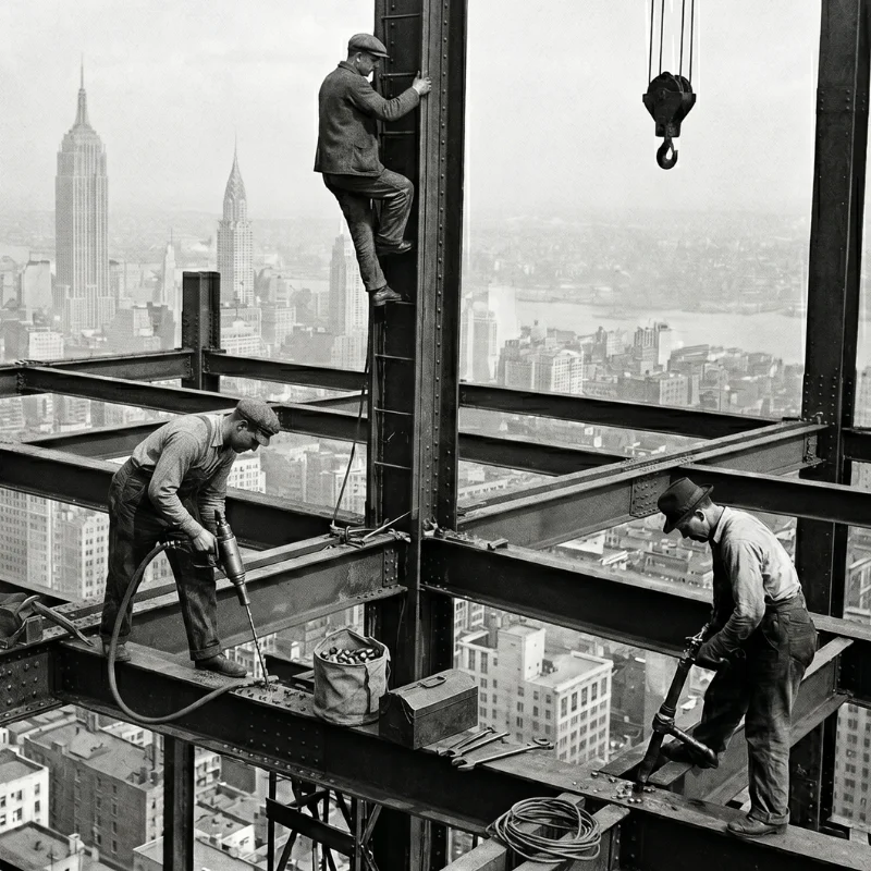 Steel workers on a high-rise construction site overlooking a city skyline